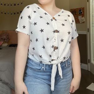 White & Black Star Buttoned Short Sleeve Top